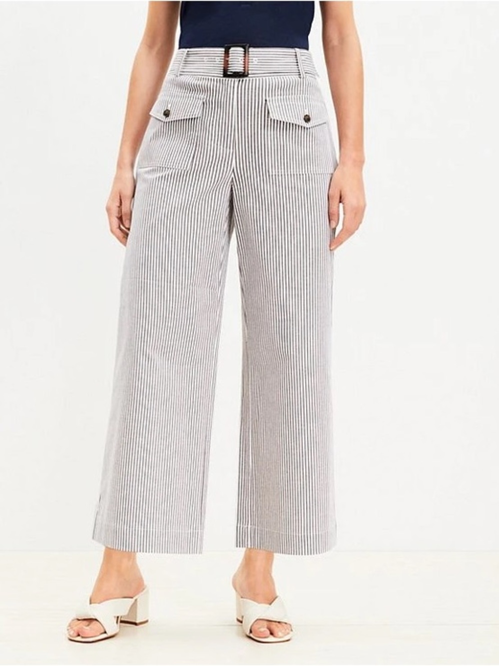 LOFT Black and White Striped Wide-Leg Pants with Waist Belt